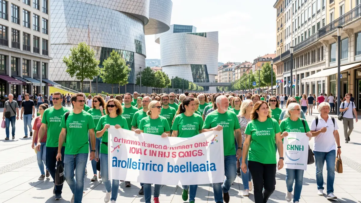 Irudi generikoa: jende talde anitza, adin guztietakoa, egunez Bilbon elkarrekin oinez, Guggenheim Museoa atzealdean ikusgai. Parte-hartzaileek kamiseta berdeak daramatzate eta minbiziaren aurkako kontzientziazioarekin lotutako pankartak dituzte. Giroa positiboa eta komunitarioa da.