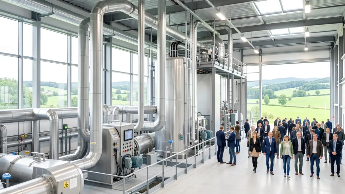 Irudi generiko bat industria-instalazio moderno batena, ingurumen-zerbitzuak eta ekonomia zirkularra sinbolizatzen dituena.