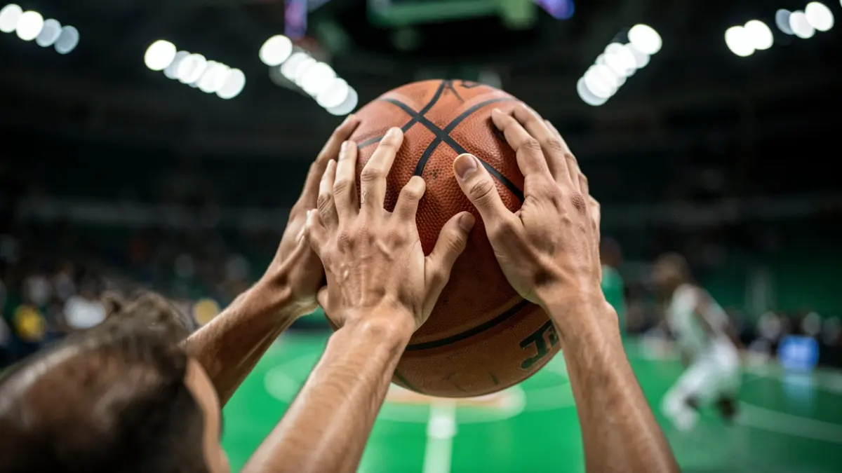 Saskibaloi jokalari baten eskuak erreboteari heltzen, kantxa berde lausoa eta estadio argiak atzealdean.