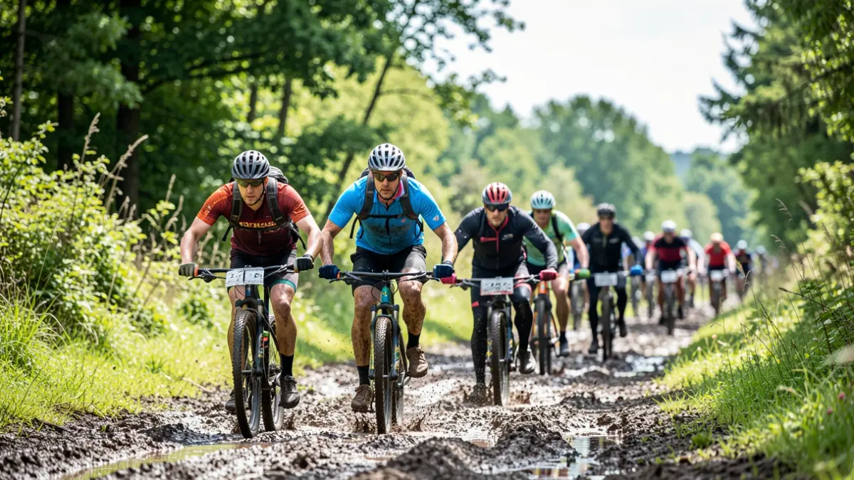 A group of mountain bikers on a muddy trail through a green forest in Euskadi.