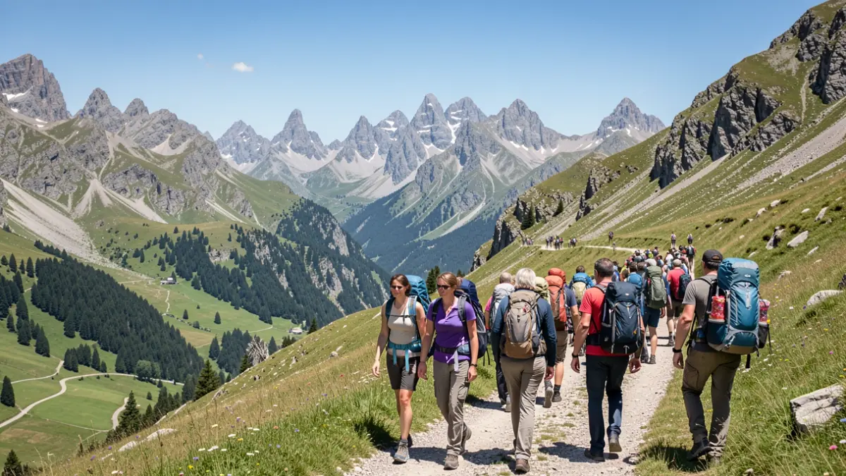 Imagen de un grupo de excursionistas en un sendero de montaña en los Pirineos, con picos rocosos y valles verdes al fondo.