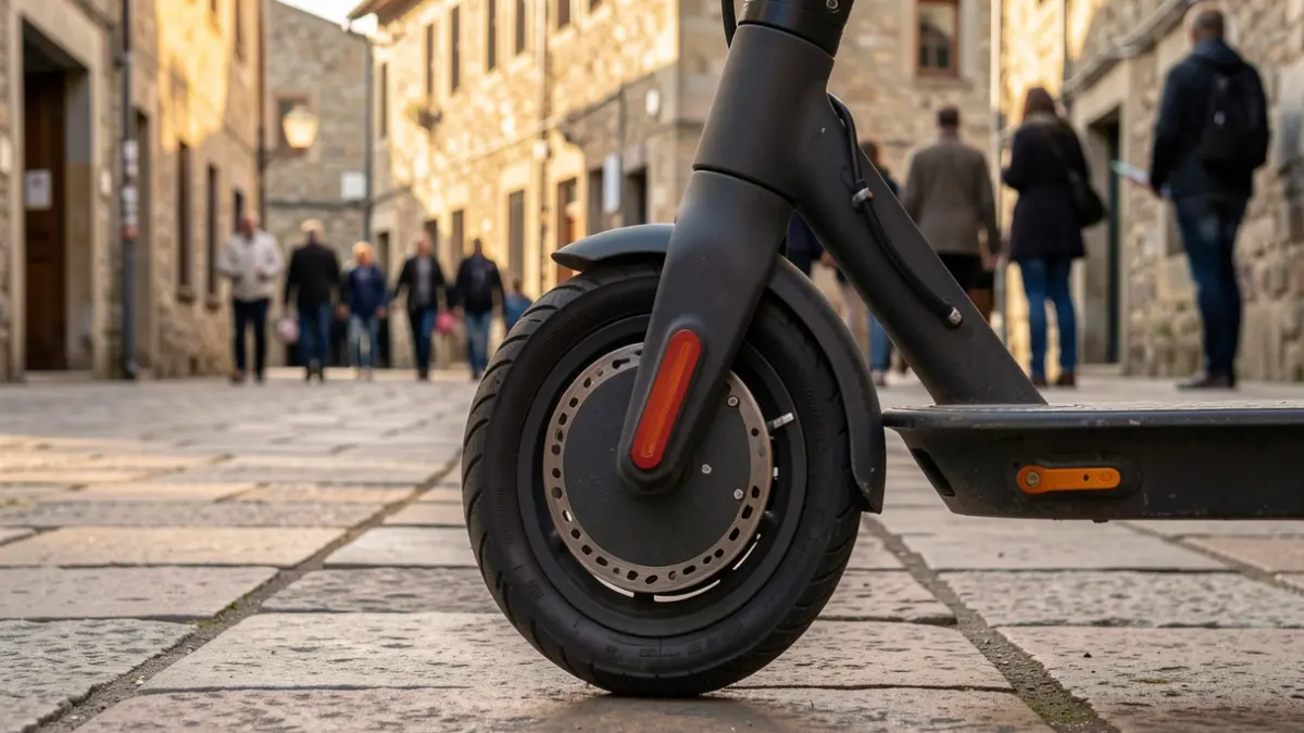 Eskuzko harrizko espaloi batean aparkatutako patinete elektriko baten gurpilaren hurbileko irudia, eraikin zaharrak atzealdean, arratsaldeko argi epela.