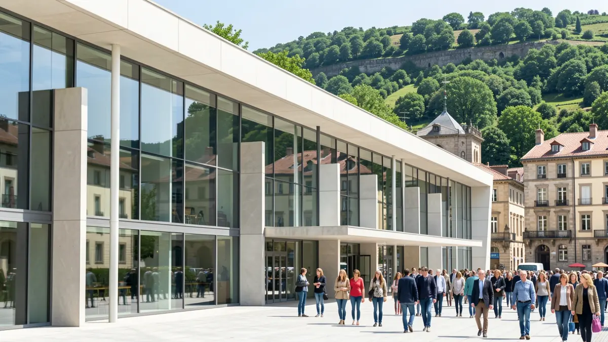 Generic image: Facade of a modern cultural center in the Basque Country, with natural surroundings and traditional architecture.
