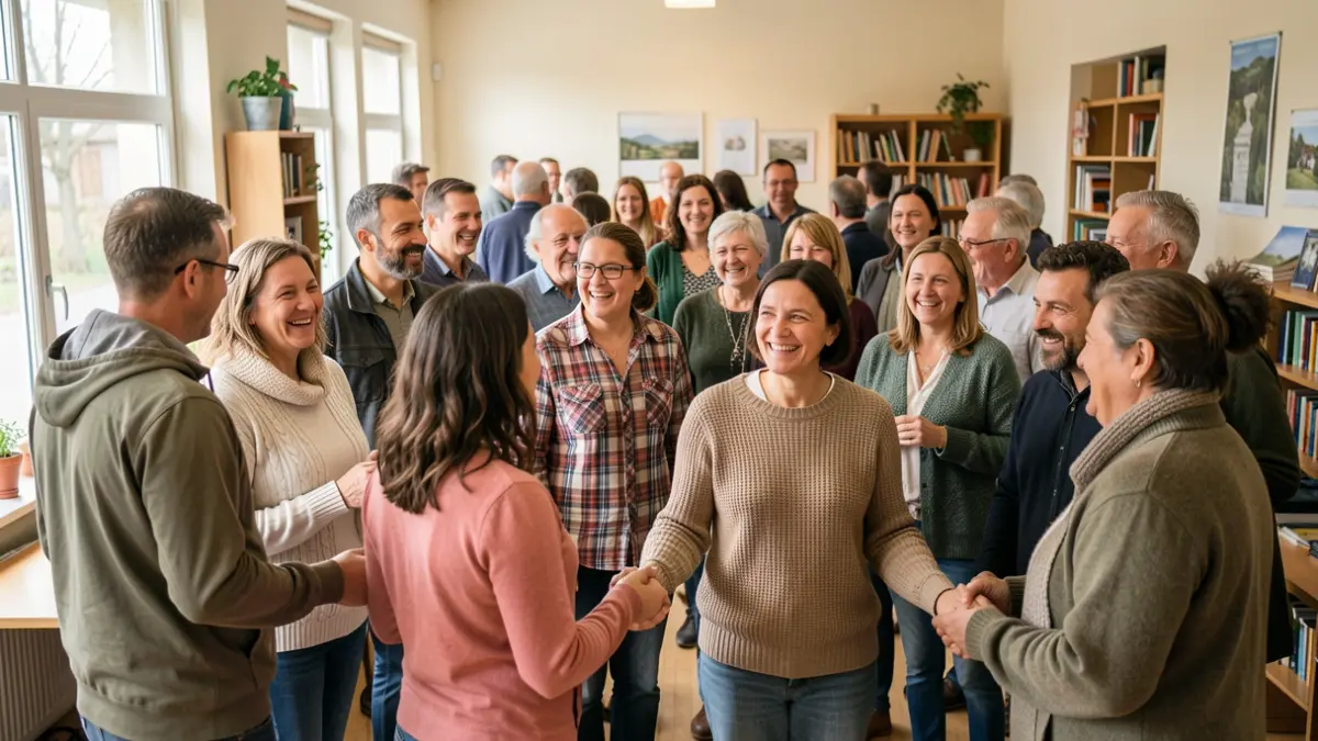 Imagen genérica: Grupo diverso de personas de varias etnias y edades reunidas en un centro comunitario en Euskadi, algunos cogidos de la mano, otros sonriendo y hablando, ambiente cálido y acogedor.