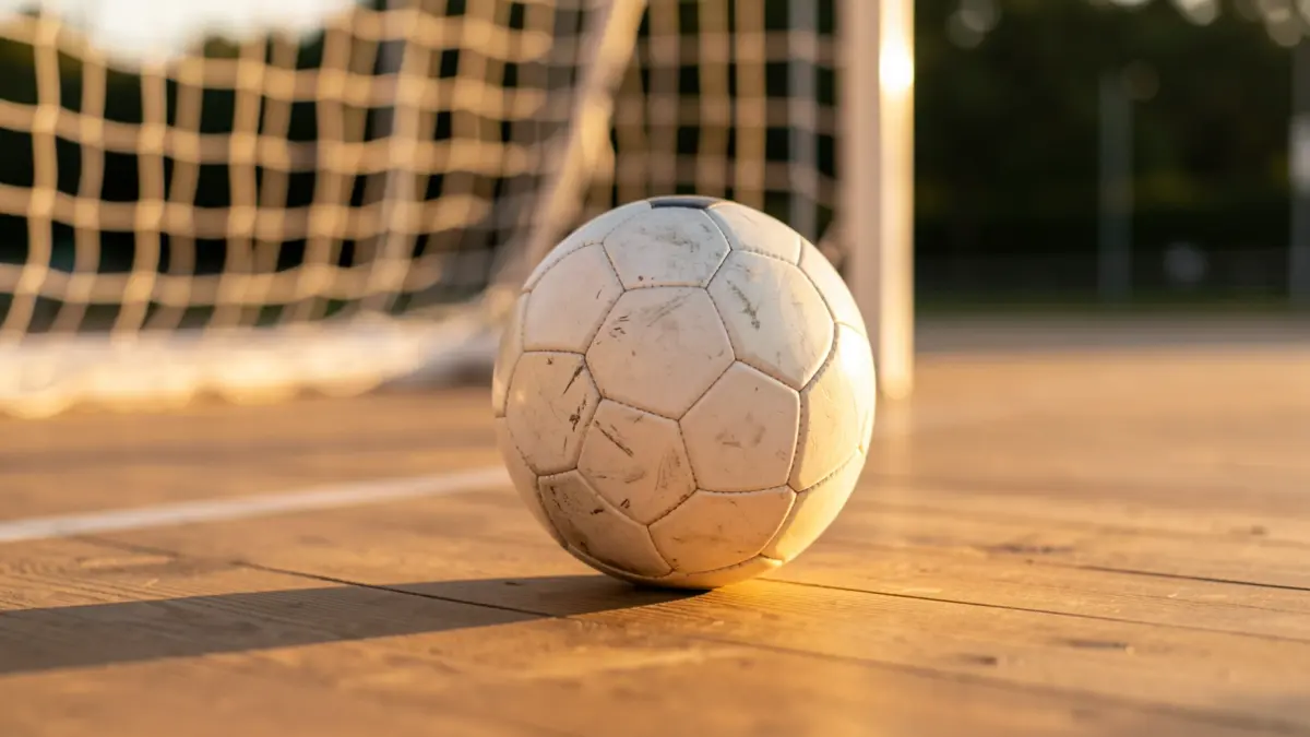 Generic image: a cesta punta ball on a wooden floor, with the white net blurred.