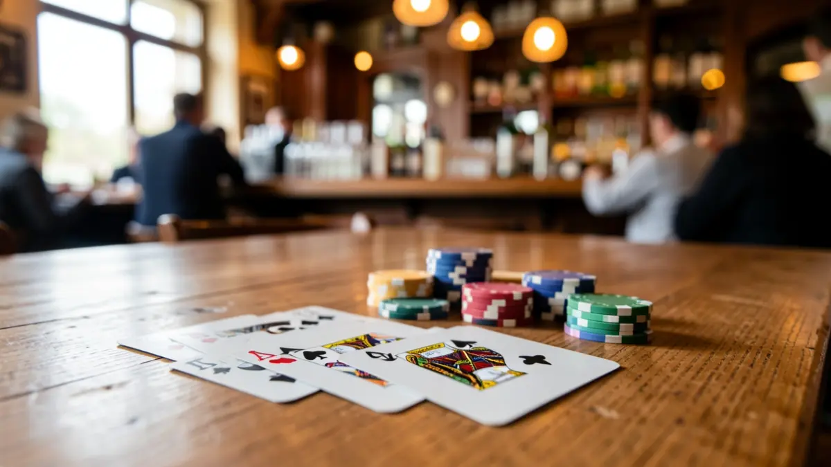 Close-up of mus cards and chips on a wooden table, with a blurred background of a bar or social club setting in Euskadi.