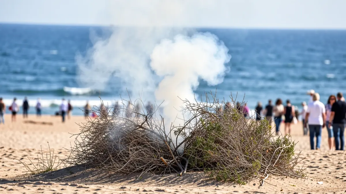 A visible plume of smoke from dry brush near the beach.