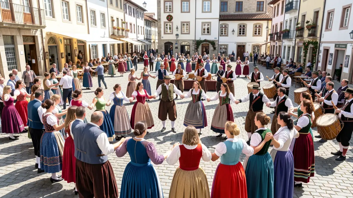 Imagen genérica: gente bailando en una plaza del pueblo, con músicos tradicionales.