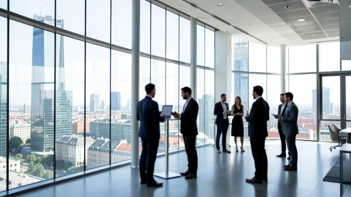Enpresa-hub moderno baten barrualdea, profesionalak networking egiten.