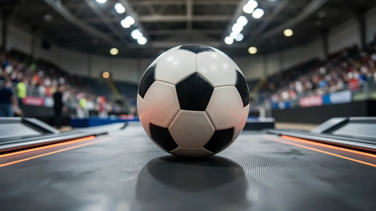Balón de fútbol sobre una cinta de entrenamiento en el pabellón del BEC.