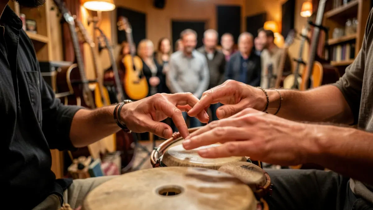 Percussionist's hands playing a traditional pandero, with a music studio featuring various ethnic instruments blurred in the background.