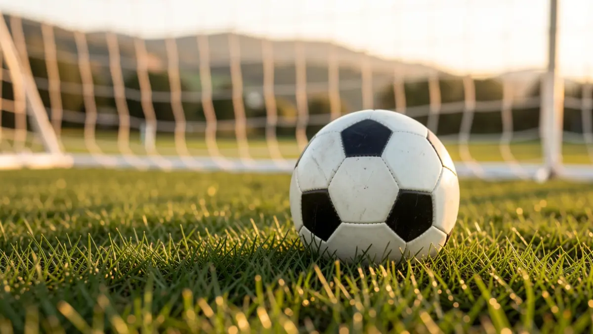 Futbol-pilotaren hurbileko irudia belar berdean, ate-sare zuria lausotuta atzealdean, urrezko orduko argia.
