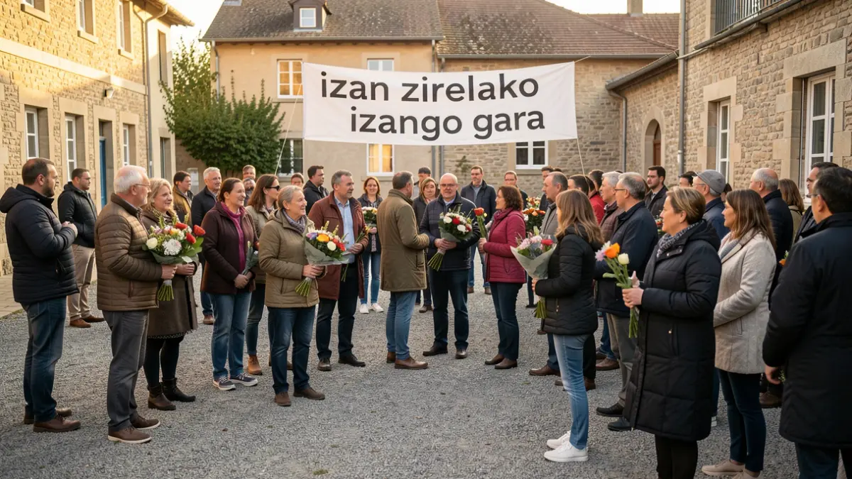 Irudi generikoa ekitaldi batena, loreak eta pankarta bat agertzen dira.