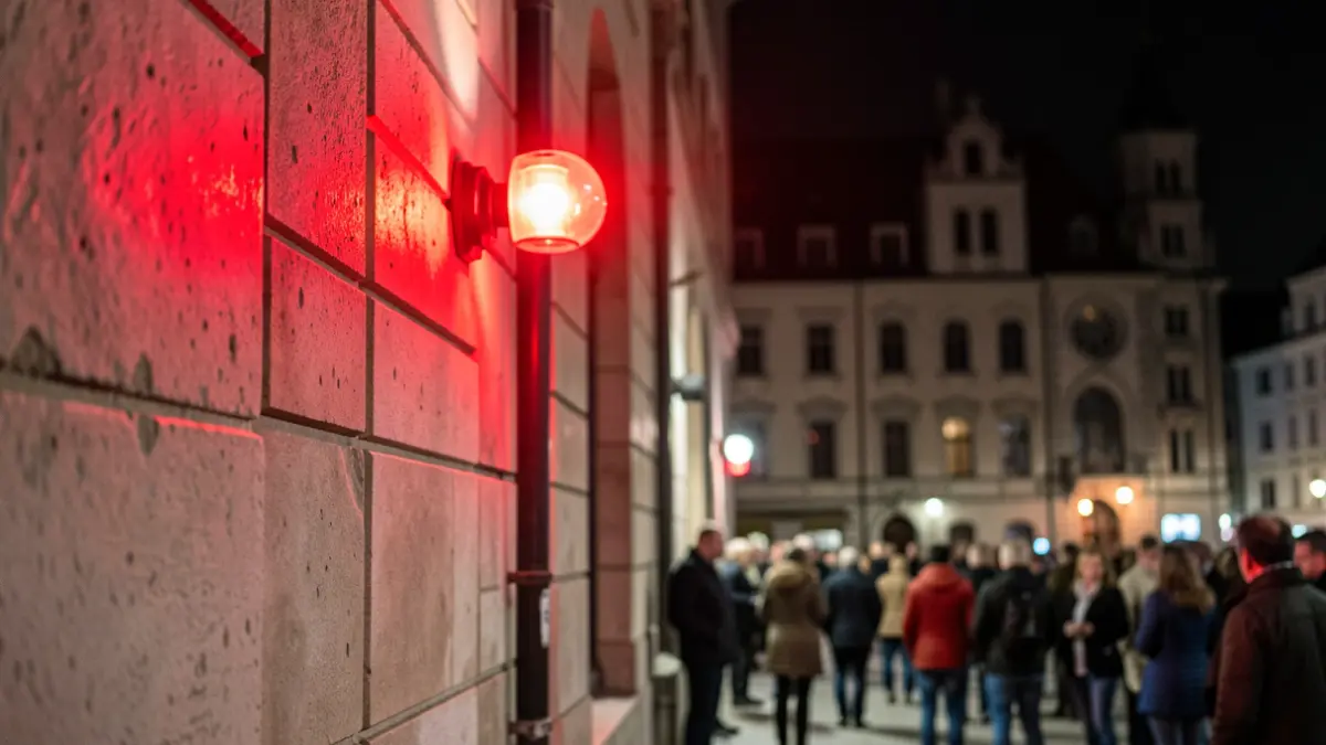 Imagen genérica: Luces rojas de emergencia reflejándose en la fachada de piedra de un edificio público por la noche, simbolizando la llamada a la donación de sangre.