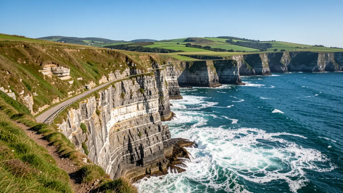Dramatic coastal cliffs of Ogoño in Euskadi, with the Cantabrian Sea crashing against the rock face, a narrow path visible along the edge, green hills in the background.