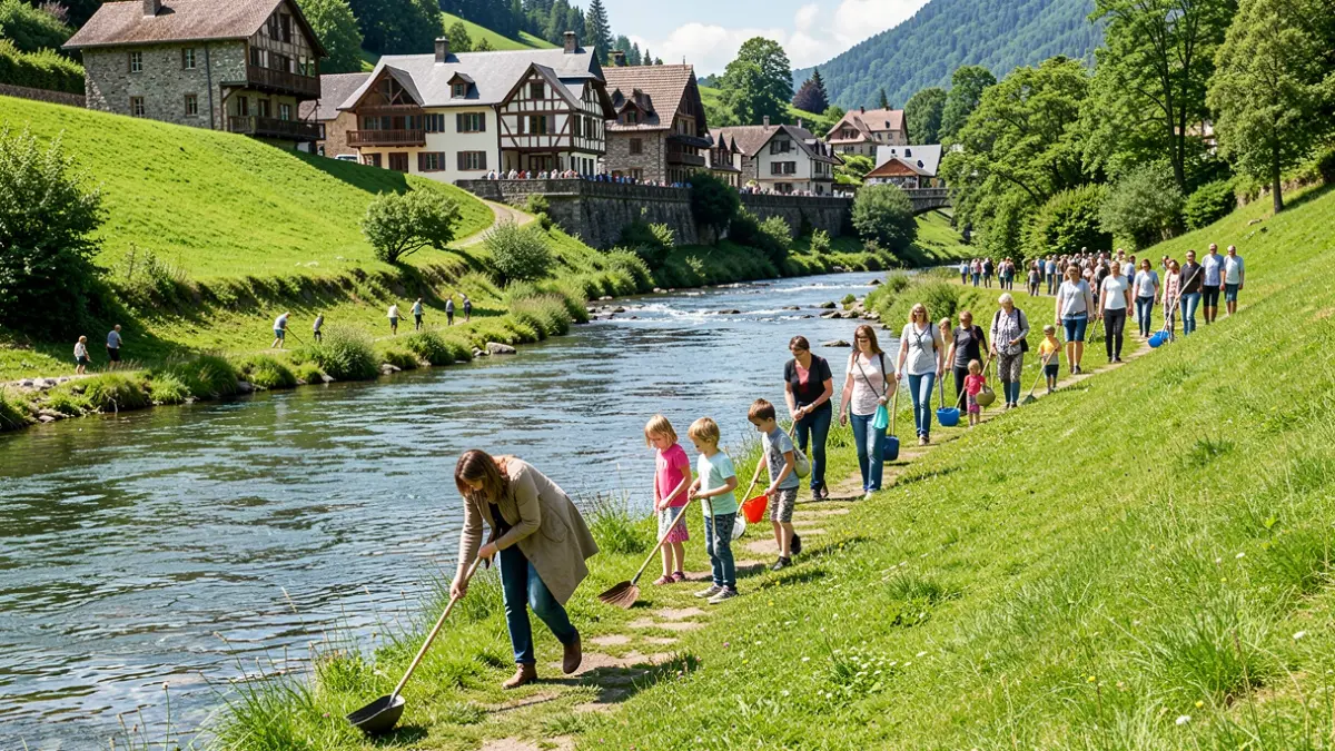 Generic image: A group of families and children cleaning a river bank in a green valley, with traditional Basque architecture visible in the background. Sunny.