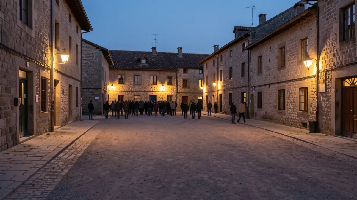 Imagen genérica: Plaza de Okondo al atardecer, con arquitectura tradicional e iluminación de calle.