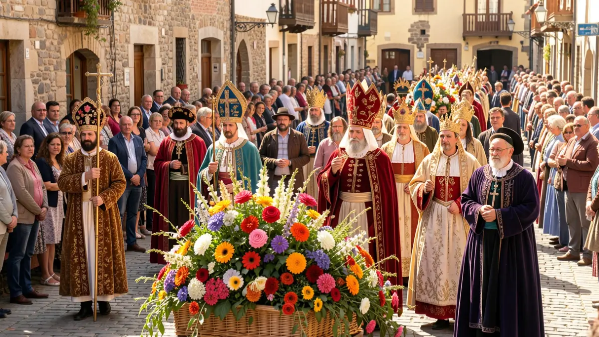 Irudi generikoa: Corpus Christi prozesio tradizionala Euskal Herriko plaza batean, jantzi historikoak eta jendea.