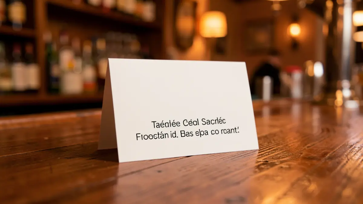Mahai gaineko txartel baten hurbileko irudia, taberna bero batean.