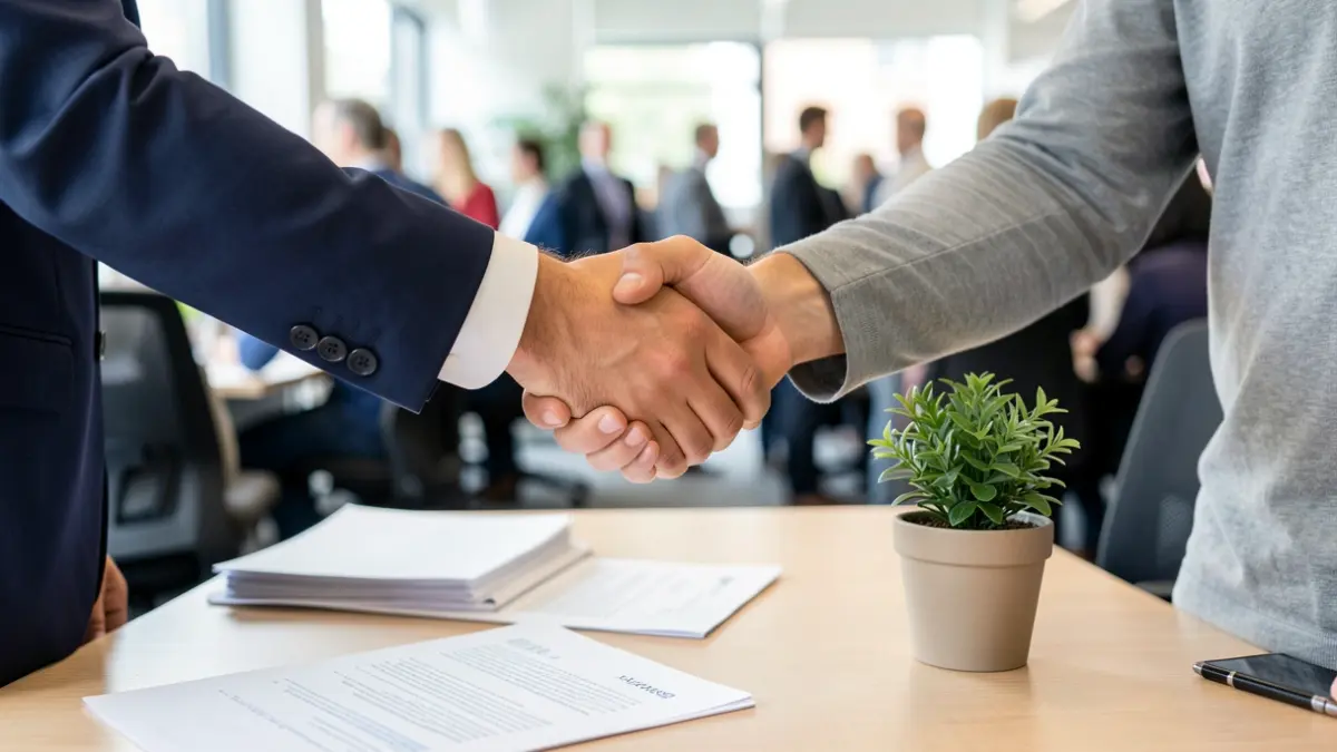 Primer plano de un apretón de manos entre dos personas, una vestida con traje y la otra con ropa informal, sobre una mesa con documentos y una pequeña planta. El fondo muestra un entorno de oficina difuminado con luz natural. Enfoque en las manos y los documentos.