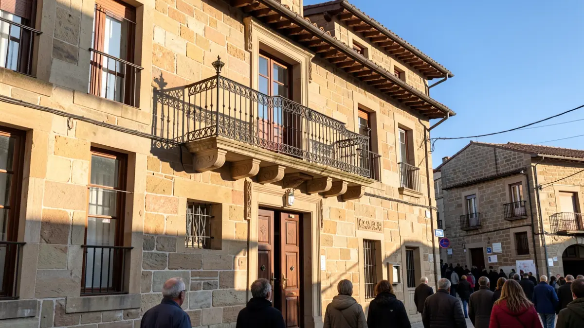Imagen genérica: Fachada de piedra del ayuntamiento de Ordizia con balcón y barandillas de hierro, luz cálida de la tarde proyectando sombras, cielo azul.
