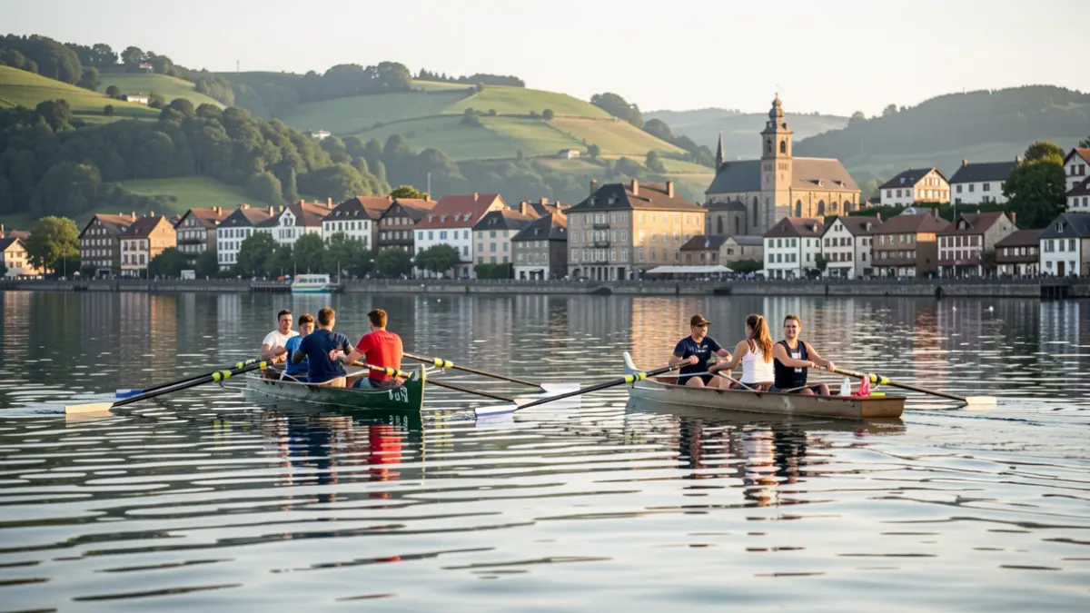 Dos equipos de remo, uno masculino y otro femenino, en traineras vascas tradicionales sobre un lago, con la arquitectura distintiva de un pueblo vasco al fondo.