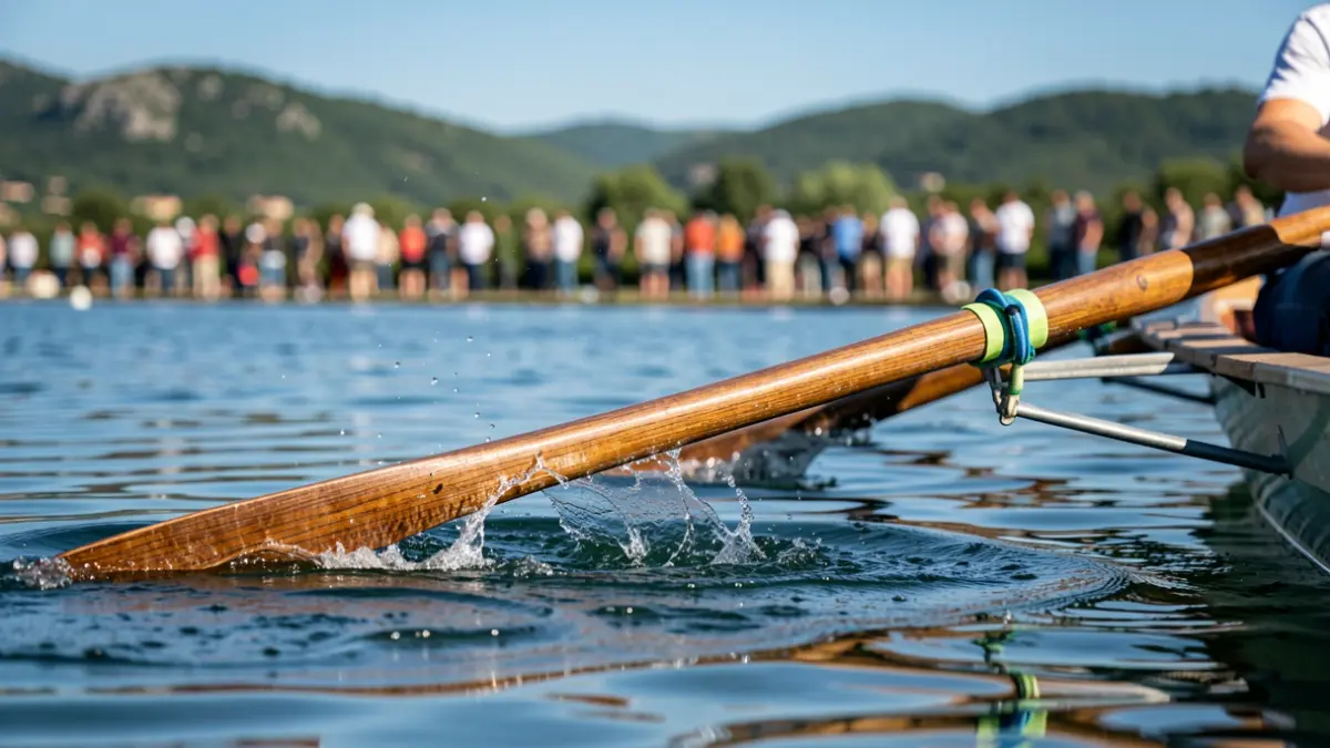 Image of a rowing boat's oar in calm waters, with splashes and a green landscape in the background.