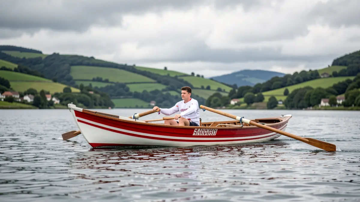 The Orio rowing boat on the water, with green hills and a cloudy sky in the background.