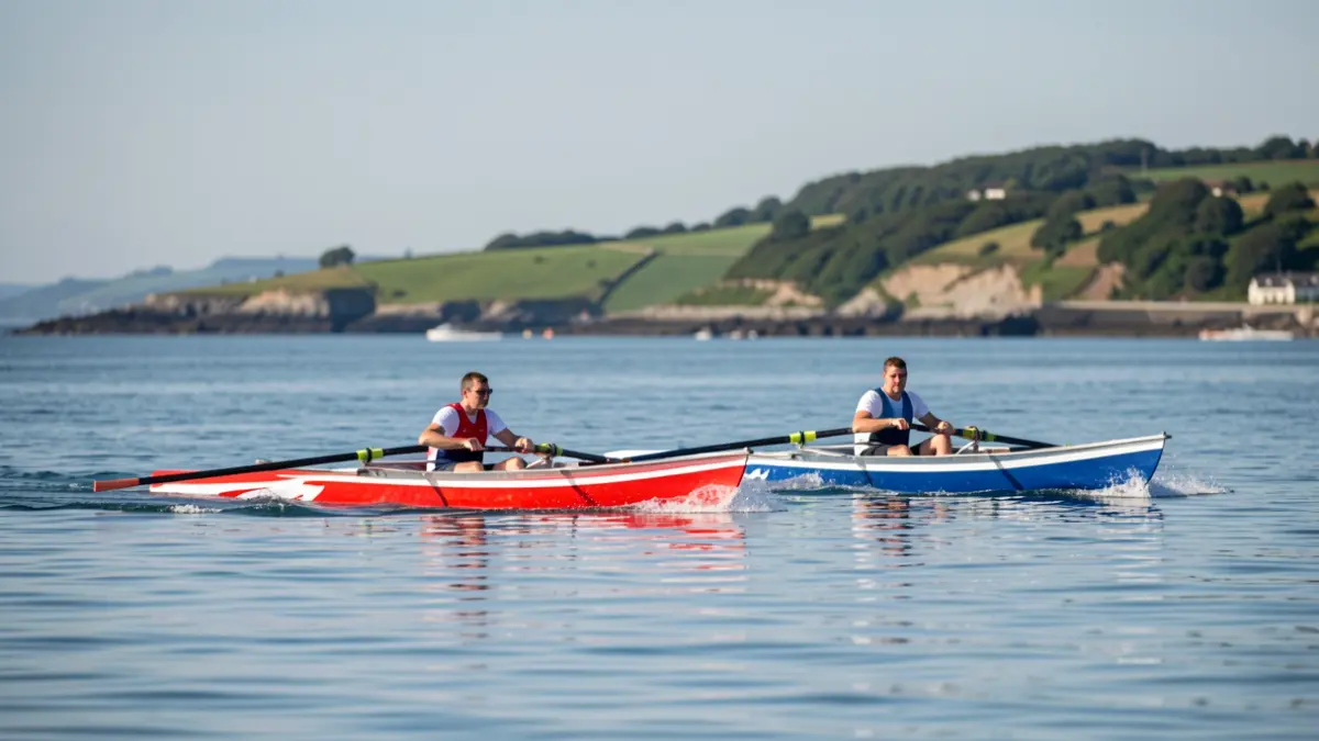Two rowing boats competing, one red-white and the other blue-white, on the Basque Country coast.