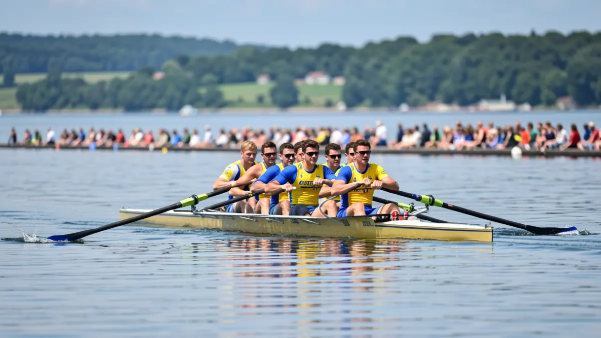 Image of the Orio Orialki rowing team rowing intensely on the water, with the Basque coast in the background.