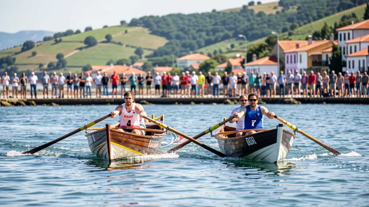 Two traineras in a close race during the Gipuzkoa Championship.