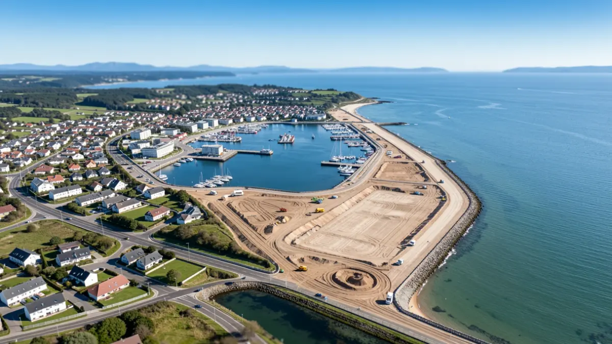 Imagen genérica de la vista aérea de una localidad costera en Orio, mostrando el puerto y la playa con obras de un nuevo vial.