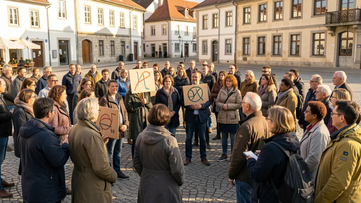 Generic image: Diverse group of people gathered in a Basque Country town square, participating in an event.