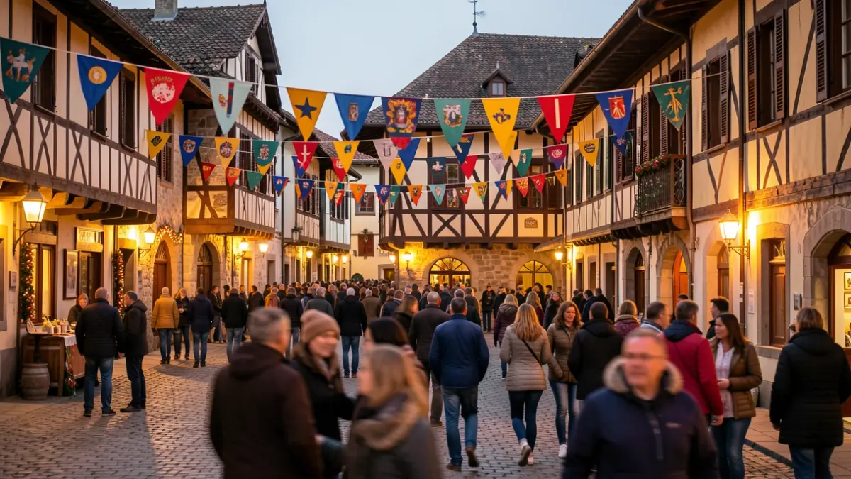 Imagen genérica de una plaza de pueblo en ambiente festivo.