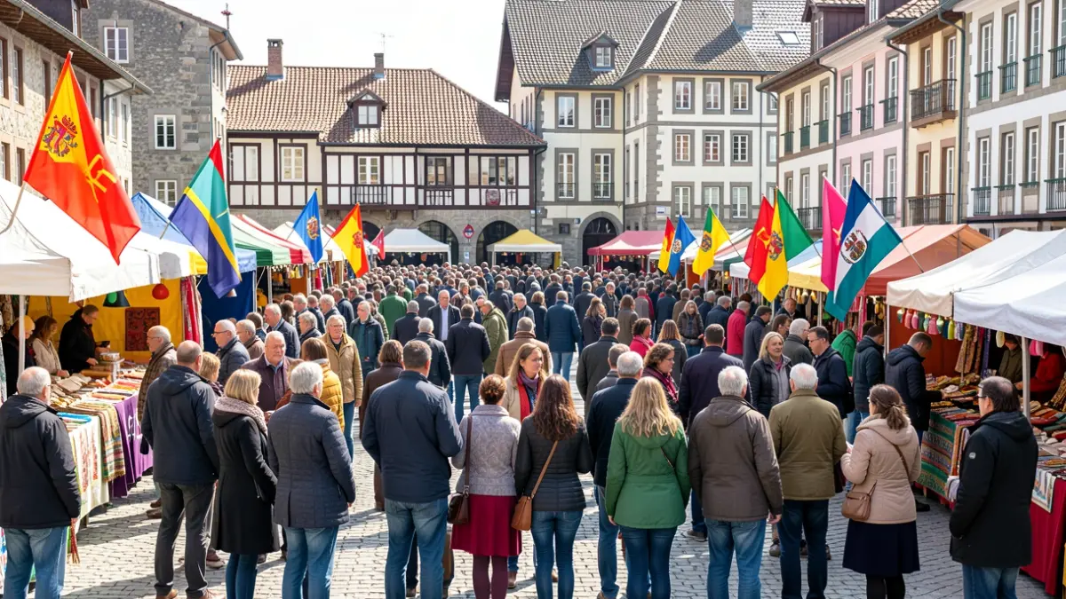 Generic image of a town square in Euskadi, showing people and stalls from various cultures.