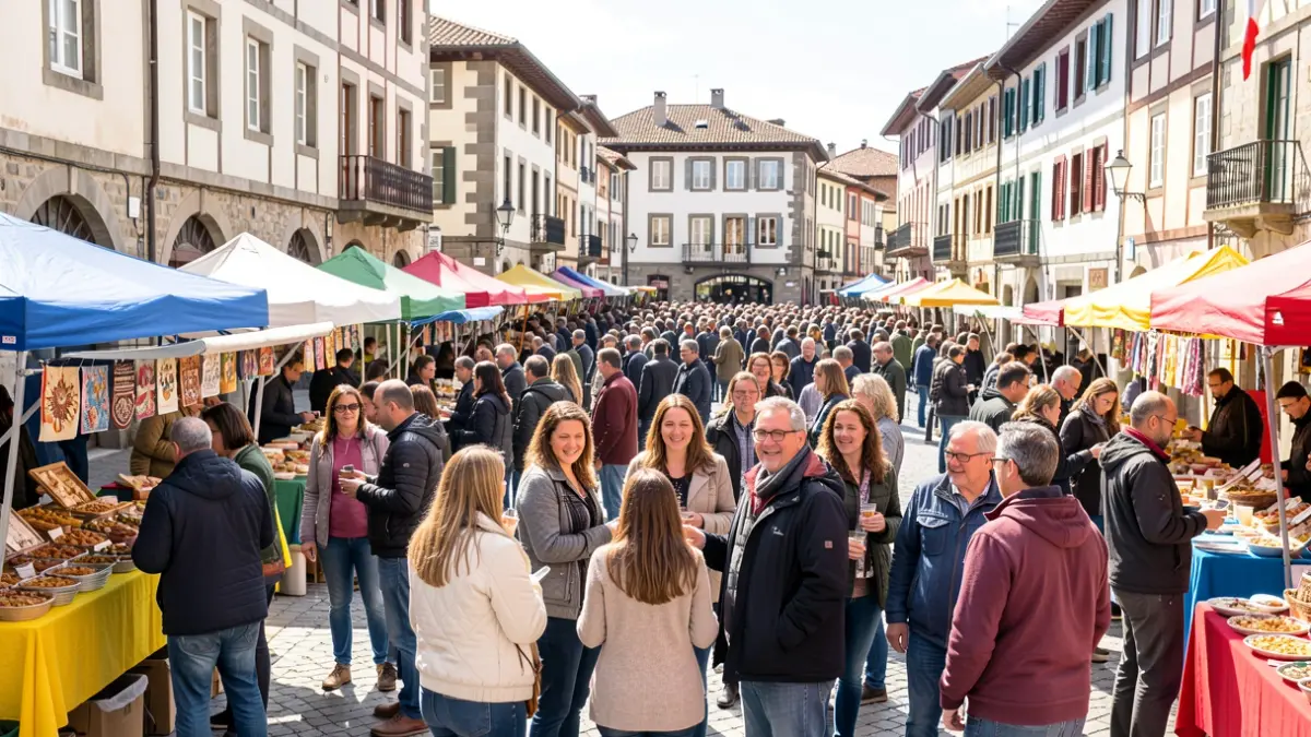 Imagen genérica: Plaza de Ormaiztegi concurrida, gente de diversas culturas y puestos.