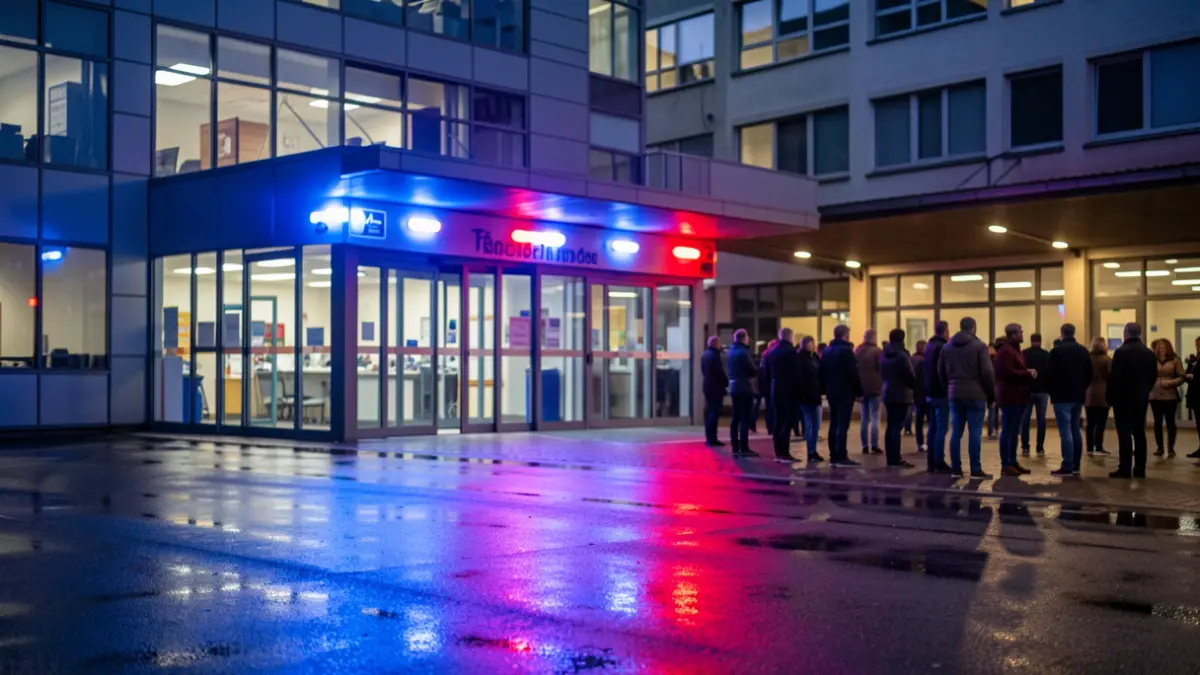 Irudia generikoa da: ospitaleko larrialdi-sarreraren kanpoaldeko ikuspegia ilunabarrean, argi gorri-urdinak.