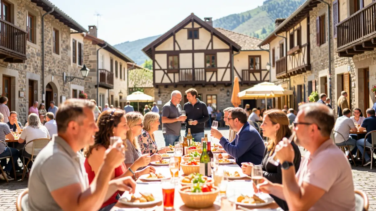 Generic image of a festive atmosphere in a Basque village square, with people enjoying food and drink.