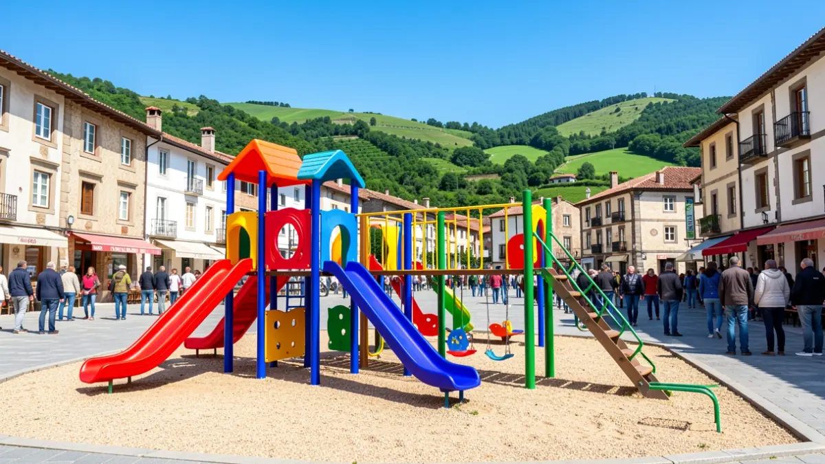 Irudi generikoa: Euskal herri bateko plaza publiko batean instalatutako haurrentzako jolasgune berri eta koloretsua.