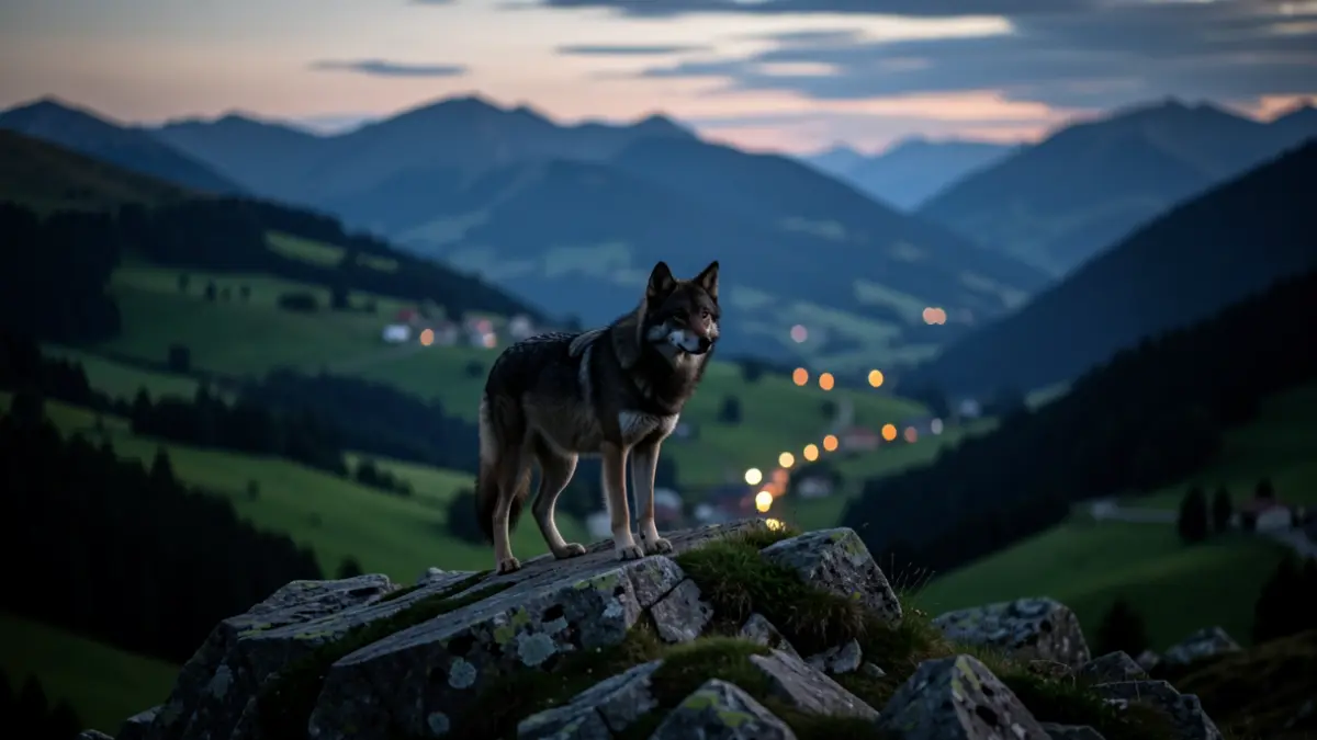 Silhouette of a wolf in a Euskadi mountain landscape at dusk.