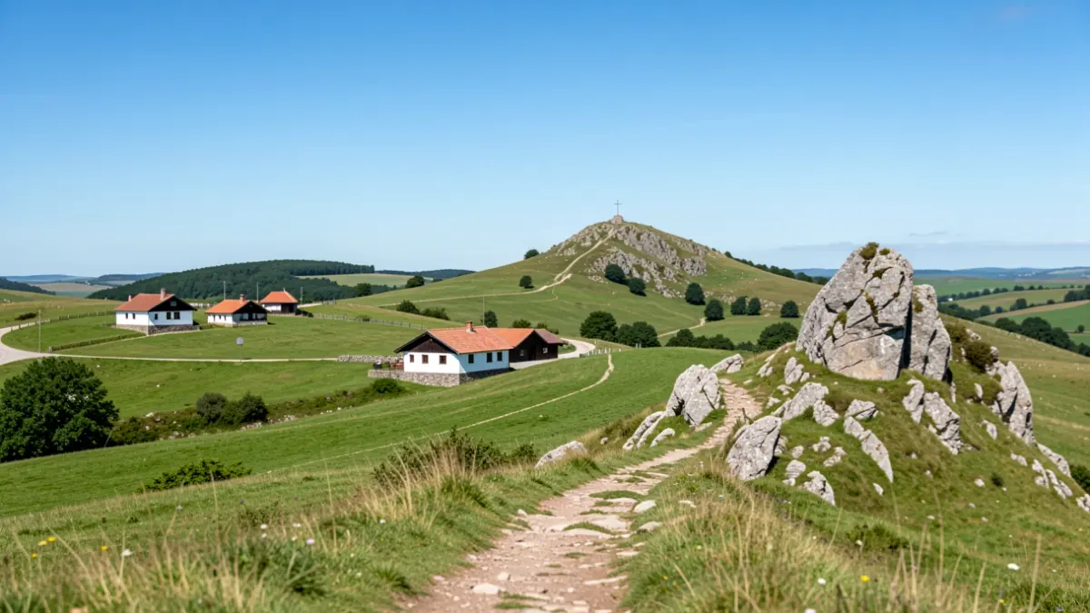 Imagen genérica del parque natural de Pagoeta, con colinas verdes y una cumbre con una cruz.