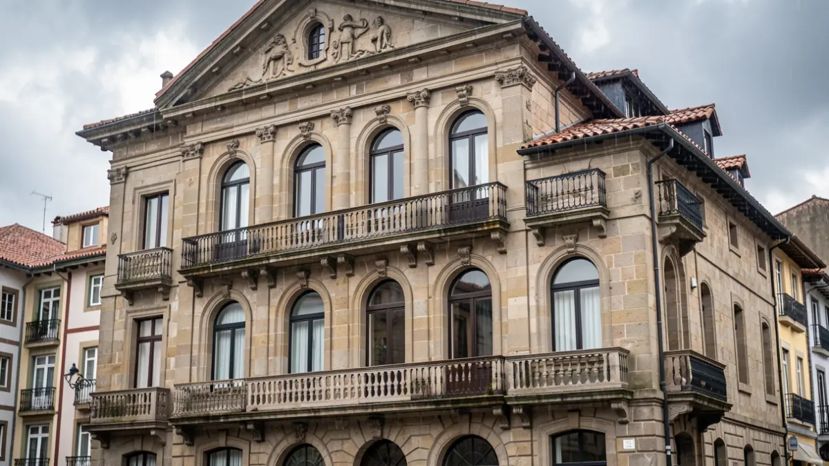 Imagen genérica: Fachada de un edificio histórico de piedra con arquitectura vasca, balcones ornamentados y arcos, bajo un cielo nublado.