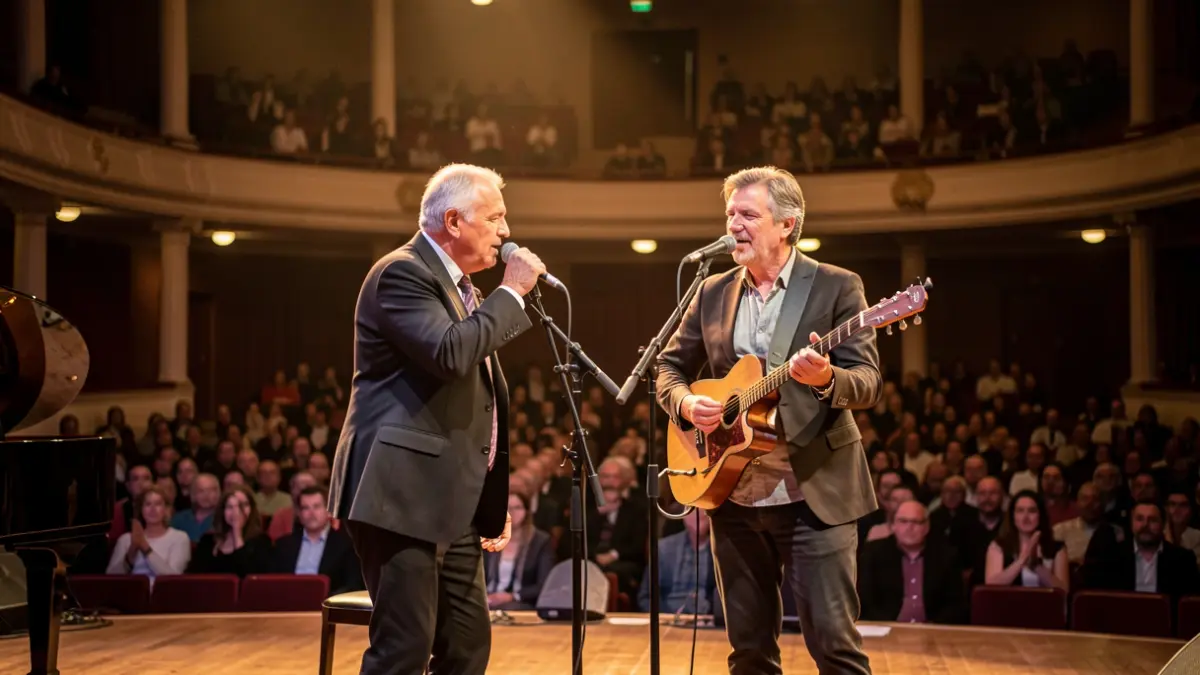 Musicians Pantxoa Karrere and Peio Ospital on stage in a large concert hall, performing with microphones.