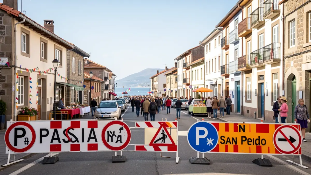 Irudi generikoa Pasaia San Pedroko jaietako kale batean, trafiko murrizketak adierazten dituzten hesiekin.