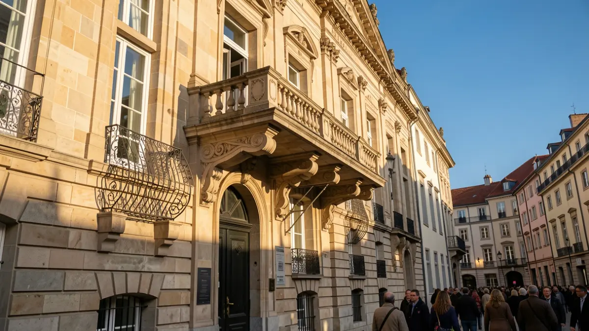 Generic image: Stone facade of the Pasaia town hall with balcony and railings, in the afternoon sunlight.