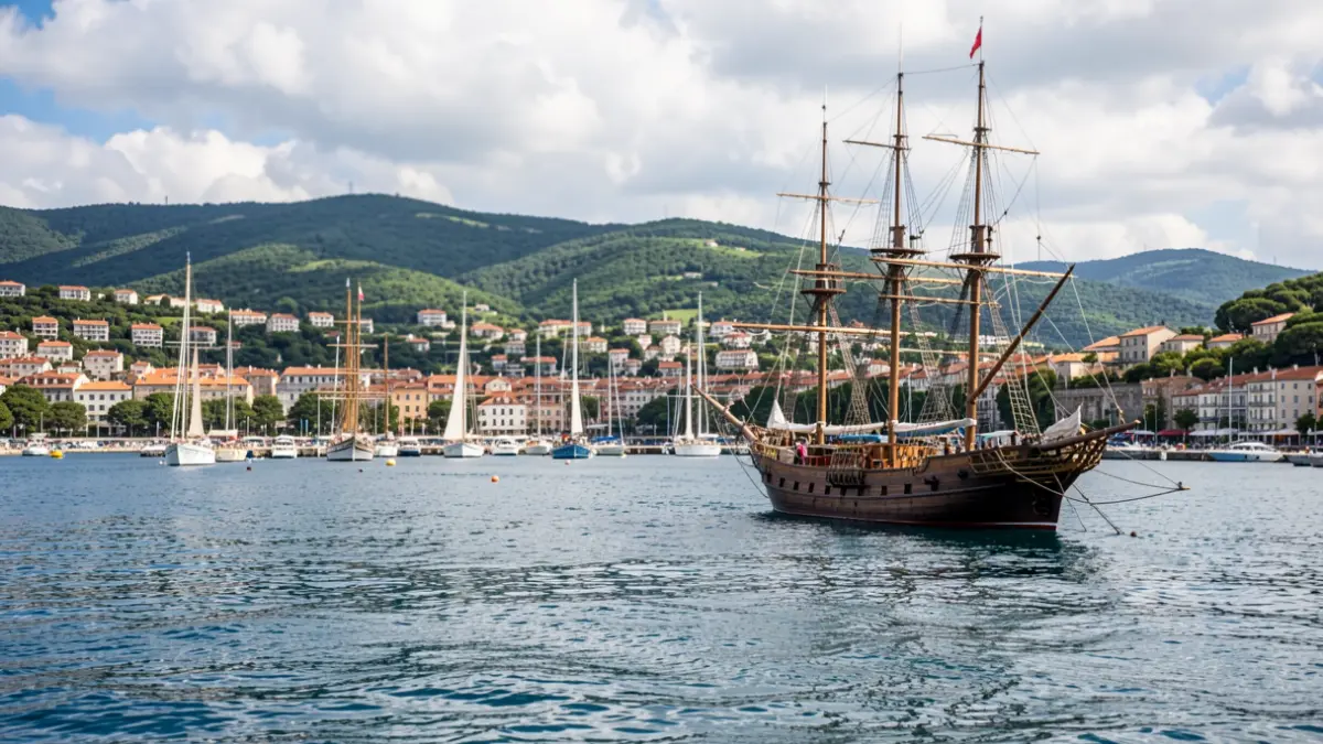 Imagen de un festival marítimo con barcos históricos y un pueblo costero.