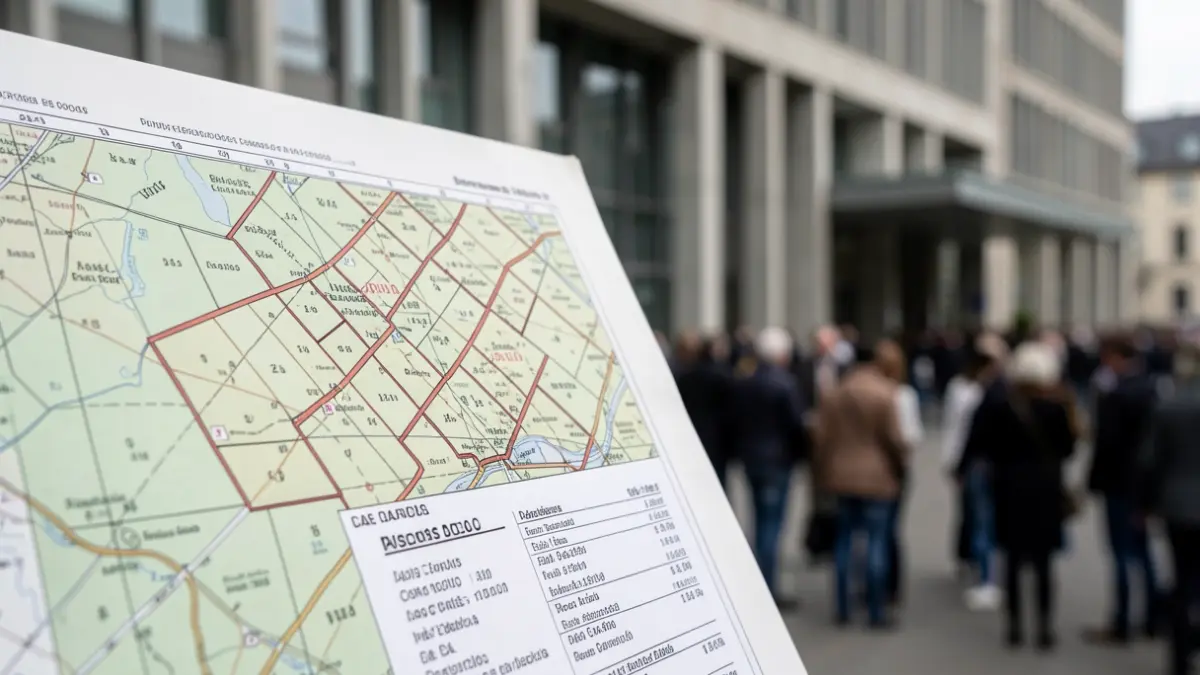 Generic image: Close-up of a Spanish cadastral map showing property boundaries and tax information, with a blurred background of a modern government building facade, neutral lighting, documentary style.