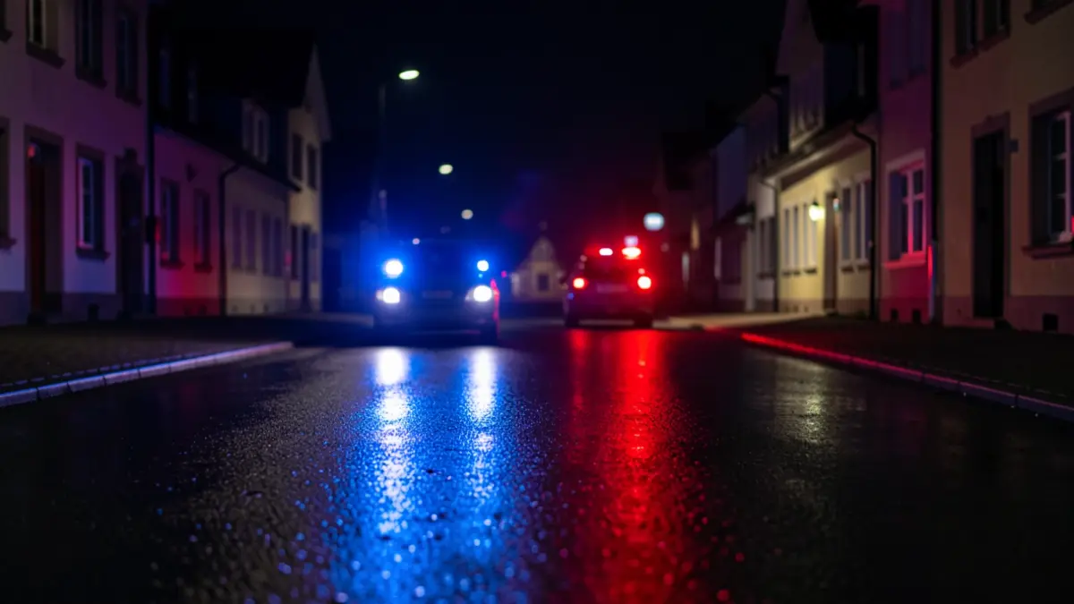 Generic image: red and blue emergency lights on wet asphalt at night.