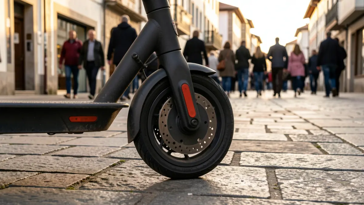 Generic image: Close-up of an electric scooter wheel parked on a stone-paved sidewalk in a Basque town, warm evening light.