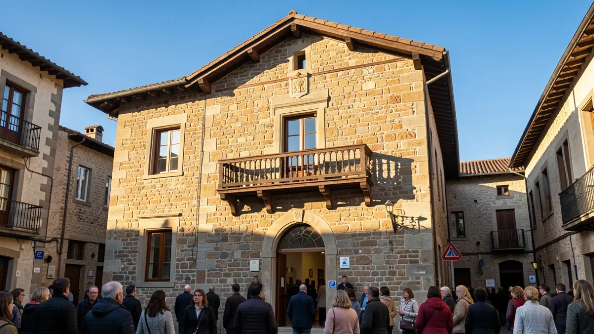 Imagen genérica: Fachada de ayuntamiento de piedra con balcón y barandillas de hierro, bajo la cálida luz del sol de la tarde.